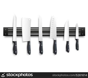 Knives On Magnetic Strip 3D Illustration. Variety of kitchen knives with black handle on magnetic strip on white background 3d vector illustration