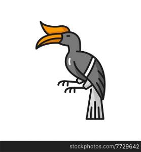 Knobbed hornbill isolated exotic Thailand bird color line icon. Vector knobbed Sulawesi wrinkled hornbill. Tropical feathered animal with long, down-curved bill and scasque on upper mandible. Hornbill bird sitting on branch isolated line icon