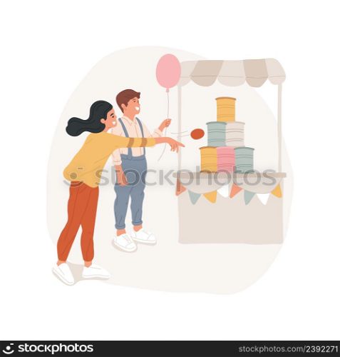 Knock down game isolated cartoon vector illustration Cans tower, child throwing ball, carnival game of luck, get toy prize, knock down jars, outdoor school fair, fun activity vector cartoon.. Knock down game isolated cartoon vector illustration