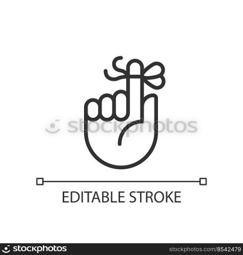 Knot on finger for memory pixel perfect linear icon. Rope tied around pointer. Hand gesture. Thin line illustration. Contour symbol. Vector outline drawing. Editable stroke. Arial font used. Knot on finger for memory pixel perfect linear icon