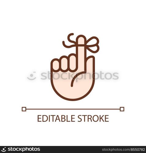 Knot on finger for memory pixel perfect RGB color icon. Rope tied around pointer. Hand gesture. Isolated vector illustration. Simple filled line drawing. Editable stroke. Arial font used. Knot on finger for memory pixel perfect RGB color icon