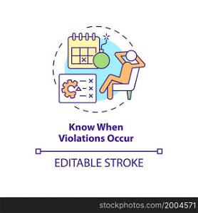 Know when violations occur concept icon. Tracking productivity at workplace. Employee monitoring abstract idea thin line illustration. Vector isolated outline color drawing. Editable stroke. Know when violations occur concept icon