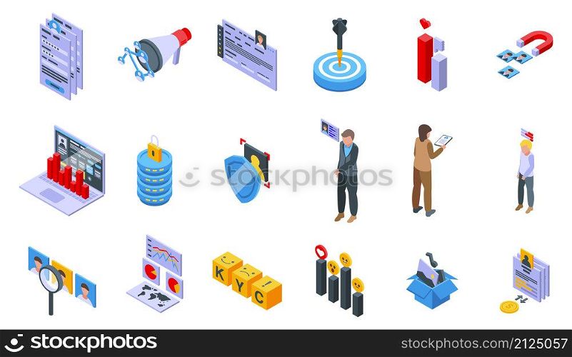 Know your client icons set isometric vector. Card cms. Data customer. Know your client icons set isometric vector. Card cms