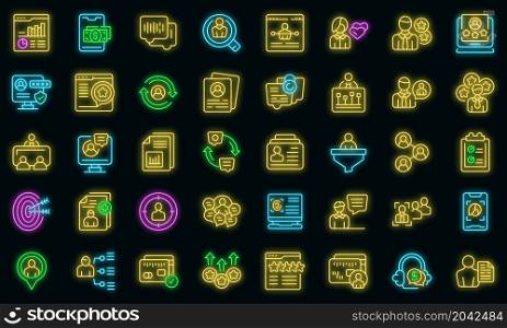Know your client icons set outline vector. Card cms data. Customer digital business. Know your client icons set vector neon