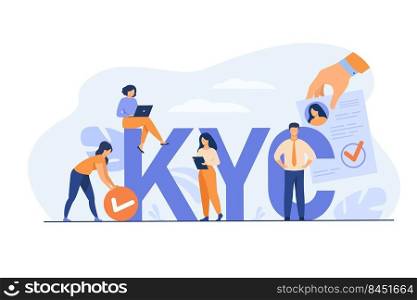 Know your customer concept. Marketing team doing research, collecting client surveys, analyzing risks. Business group using laptops and documents near KYC huge letters