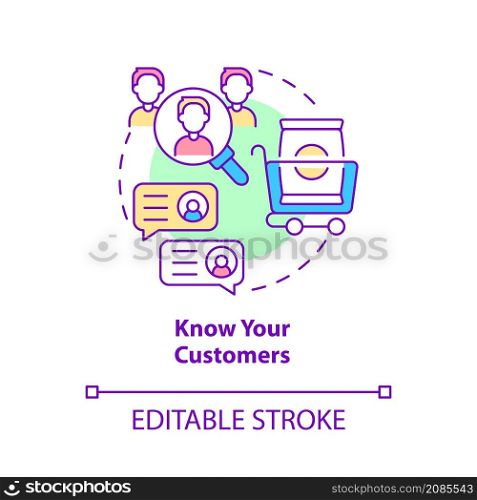 Know your customers concept icon. Preferences and tastes. Client service tips abstract idea thin line illustration. Isolated outline drawing. Editable stroke. Roboto-Medium, Myriad Pro-Bold fonts used. Know your customers concept icon