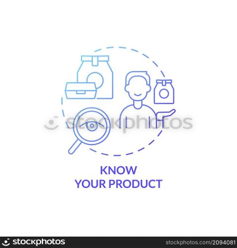 Know your product blue gradient concept icon. Presentation of products. Customer service abstract idea thin line illustration. Isolated outline drawing. Roboto-Medium, Myriad Pro-Bold fonts used. Know your product blue gradient concept icon