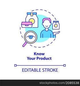 Know your product concept icon. Presentation of products. Customer service abstract idea thin line illustration. Isolated outline drawing. Editable stroke. Roboto-Medium, Myriad Pro-Bold fonts used. Know your product concept icon
