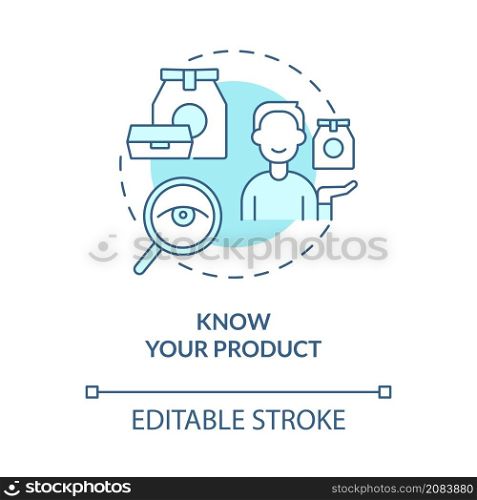 Know your product turquoise concept icon. Customer service abstract idea thin line illustration. Isolated outline drawing. Editable stroke. Roboto-Medium, Myriad Pro-Bold fonts used. Know your product turquoise concept icon