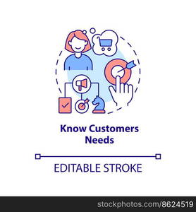 Knowing customers needs concept icon. Personalized marketing plan. Target audience abstract idea thin line illustration. Isolated outline drawing. Editable stroke. Arial, Myriad Pro-Bold fonts used. Knowing customers needs concept icon