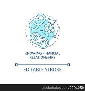 Knowing financial relationship turquoise concept icon. Budget items bond abstract idea thin line illustration. Isolated outline drawing. Editable stroke. Roboto-Medium, Myriad Pro-Bold fonts used. Knowing financial relationship turquoise concept icon