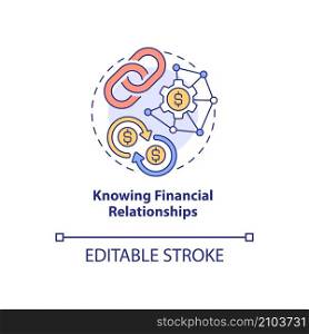 Knowing financial relationships concept icon. Budget items dependency abstract idea thin line illustration. Isolated outline drawing. Editable stroke. Roboto-Medium, Myriad Pro-Bold fonts used. Knowing financial relationships concept icon