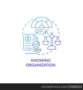 Knowing organization blue gradient concept icon. Financial risk of company abstract idea thin line illustration. Isolated outline drawing. Roboto-Medium, Myriad Pro-Bold fonts used. Knowing organization blue gradient concept icon