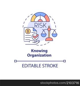 Knowing organization concept icon. Financial risk of company abstract idea thin line illustration. Isolated outline drawing. Editable stroke. Roboto-Medium, Myriad Pro-Bold fonts used. Knowing organization concept icon