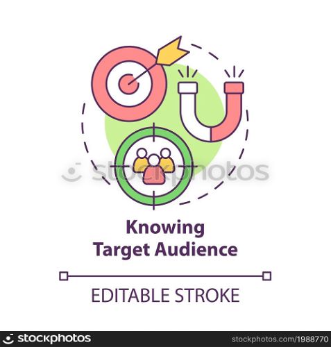 Knowing target audience concept icon. Analyzing customer base. Research for client group. Brand planning abstract idea thin line illustration. Vector isolated outline color drawing. Editable stroke. Knowing target audience concept icon