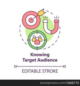 Knowing target audience concept icon. Analyzing customer base. Research for client group. Brand planning abstract idea thin line illustration. Vector isolated outline color drawing. Editable stroke. Knowing target audience concept icon