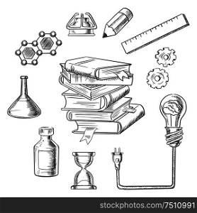 Knowledge and web education sketch design with light bulb plugged into a tall stack of books. Surrounded by flasks, DNA, hourglass, gears, ruler, atom and pencil . Knowledge and web education sketch icons