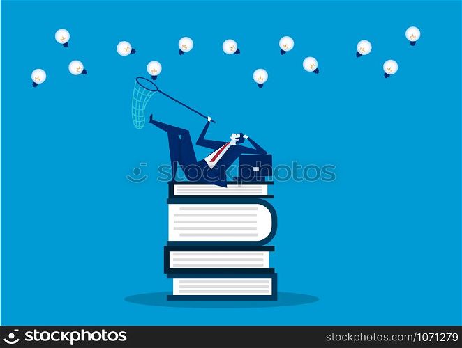 Knowledge, book, education, information,idea concept. man sit on books and trap for creative. illustration.
