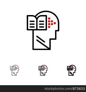 Knowledge, Book, Head, Mind Bold and thin black line icon set