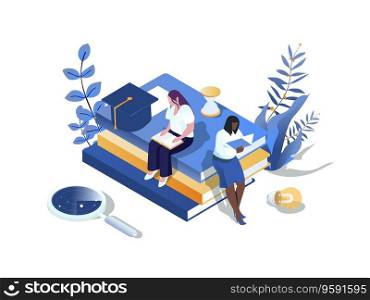Knowledge concept 3d isometric web scene. People reading different books and textbooks for improving skills and preparing graduates exam at university. Vector illustration in isometry graphic design