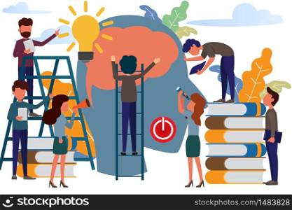Knowledge concept. big head and brain has people around big head reading concept. modern flat design vector illustration.