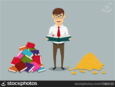 Knowledge is the key to success and richness concept design. Young cartoon businessman is standing between heaps of books and golden dollar coins with open book in hands