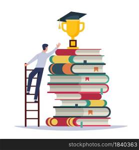 Knowledge leads success. Man climbs stairs for gold award, goblet on stack of books, college or university graduation. Learning strategy motivation and inspiration vector cartoon flat isolated concept. Knowledge leads success. Man climbs stairs for gold award, goblet on stack of books, college or university graduation. Motivation and inspiration vector cartoon flat isolated concept