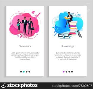 Knowledge male reading books vector, ladder and glasses poster with text, teamwork of successful entrepreneurs with documents and papers. Website or app slider, landing page flat style. Teamwork of Business People, Knowledge Vector