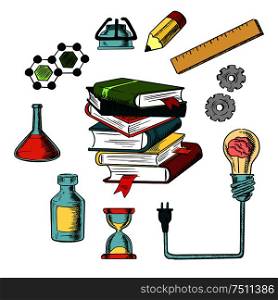 Knowledge, science and web education design with flasks, tubes, bottles, pencil, hourglass, ruler, gear, books and light bulb with brain. Knowledge, science and education icons