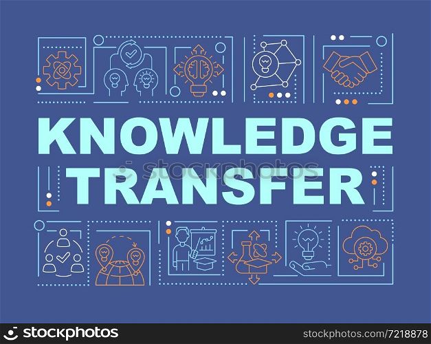 Knowledge sharing word concepts banner. Personal experience dissemination. Infographics with linear icons on blue background. Isolated creative typography. Vector outline color illustration with text. Knowledge sharing word concepts banner