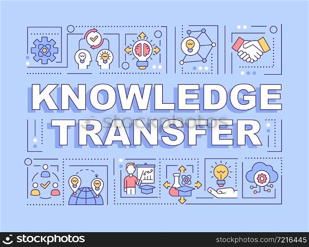 Knowledge transfer word concepts banner. Personal experience sharing. Infographics with linear icons on blue background. Isolated creative typography. Vector outline color illustration with text. Knowledge transfer word concepts banner