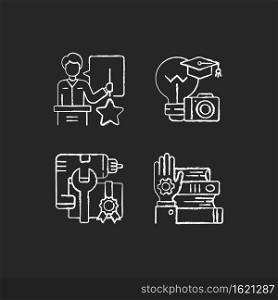 Knowledgeable presenter chalk white icons set on black background. Photography workshop. Workshop icons. Mastery development. On-demand webinar . Isolated vector chalkboard illustrations. Knowledgeable presenter chalk white icons set on black background