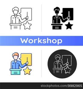Knowledgeable presenter icon. Lecturer near the blackboard tells. Workshop. New practical skills. Man expresses thoughts. Holds star. Linear black and RGB color styles. Isolated vector illustrations. Knowledgeable presenter icon