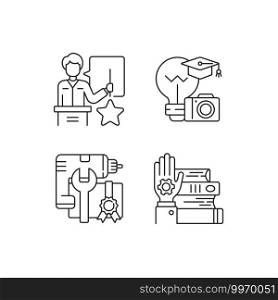 Knowledgeable presenter linear icons set. Photography workshop. Workshop icons. On-demand webinar . Customizable thin line contour symbols. Isolated vector outline illustrations. Editable stroke. Knowledgeable presenter linear icons set