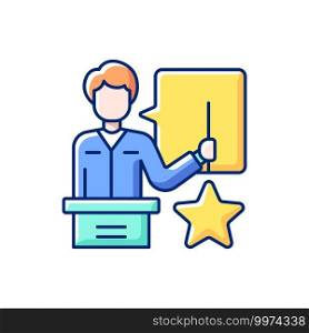 Knowledgeable presenter RGB color icon. Lecturer near the blackboard tells. Getting new practical skills. Workshop. Man expresses thoughts. Holds star. Isolated vector illustration. Knowledgeable presenter RGB color icon