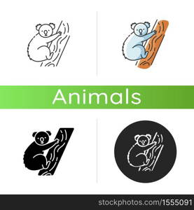 Koala icon. Linear black and RGB color styles. Cute herbivore animal, australian native fauna, exotic wildlife. Adorable koala bear sitting on eucalyptus tree isolated isolated vector illustrations. Koala icon