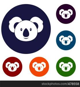 Koala icons set in flat circle red, blue and green color for web. Koala icons set