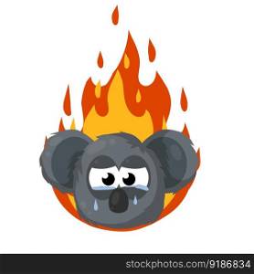 Koala is crying. Fire in Australia. Red flame. Natural disaster. Extinction of animal. Sad cute character and tears. grey beast&rsquo;s face. Cartoon flat illustration. Koala is crying. Fire in Australia.