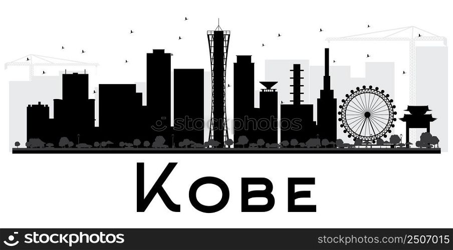 Kobe City skyline black and white silhouette. Vector illustration. Simple flat concept for tourism presentation, banner, placard or web site. Business travel concept. Cityscape with landmarks