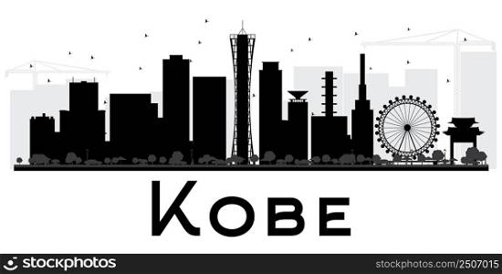 Kobe City skyline black and white silhouette. Vector illustration. Simple flat concept for tourism presentation, banner, placard or web site. Business travel concept. Cityscape with landmarks