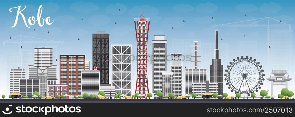 Kobe Skyline with Gray Buildings and Blue Sky. Vector Illustration. Business and Tourism Concept with Modern Buildings. Image for Presentation, Banner, Placard or Web Site.