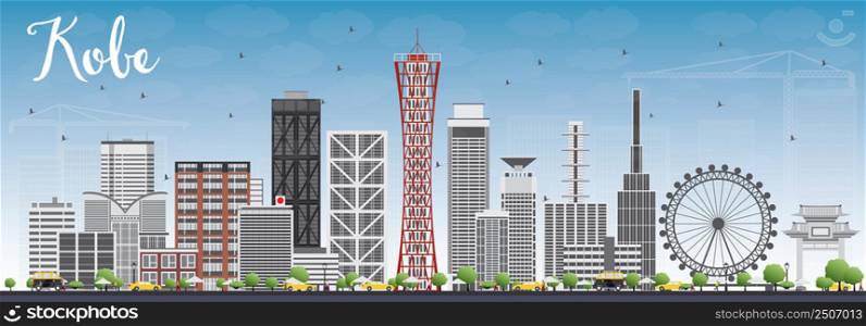 Kobe Skyline with Gray Buildings and Blue Sky. Vector Illustration. Business and Tourism Concept with Modern Buildings. Image for Presentation, Banner, Placard or Web Site.