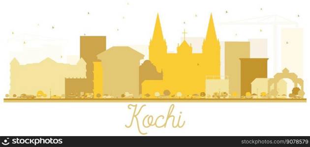 Kochi City Skyline Silhouette in Gold Color. Vector illustration. Simple flat concept for tourism presentation, banner, placard or web site. Kochi Cityscape with landmarks.