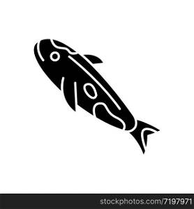 Koi carp black glyph icon. Japanese fish as luck symbol. Exotic chinese goldfish. Underwater wildlife animal. Cath and lure, fishery. Silhouette symbol on white space. Vector isolated illustration