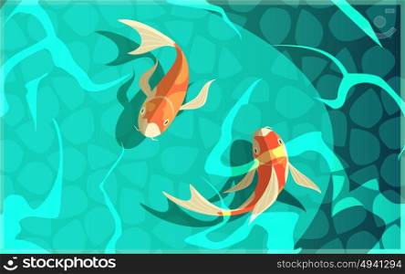 Koi Carp Japanese Culture Cartoon Illustration . Koi carp japanese symbol of luck fortune prosperity retro cartoon fishes in water poster vector illustration