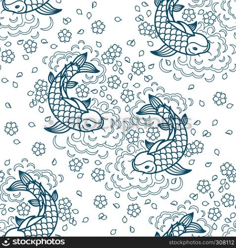 Koi chinese carp seamless pattern. Vector blue background with fish. Koi carp pattern