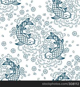Koi chinese carp seamless pattern. Vector blue background with fish. Koi carp pattern