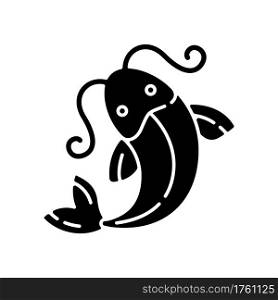 Koi fish black glyph icon. Traditional Japanese symbol of luck. Water pond creature. Exotic carp, sign of prosperity. Chinese culture. Silhouette symbol on white space. Vector isolated illustration. Koi fish black glyph icon