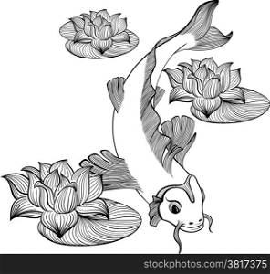 Koi fish with three flowers of lotus created in Line Art