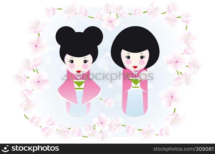 Kokeshi dolls and cherry blossoms - cute illustration of two wooden dolls framed by cherry blossoms